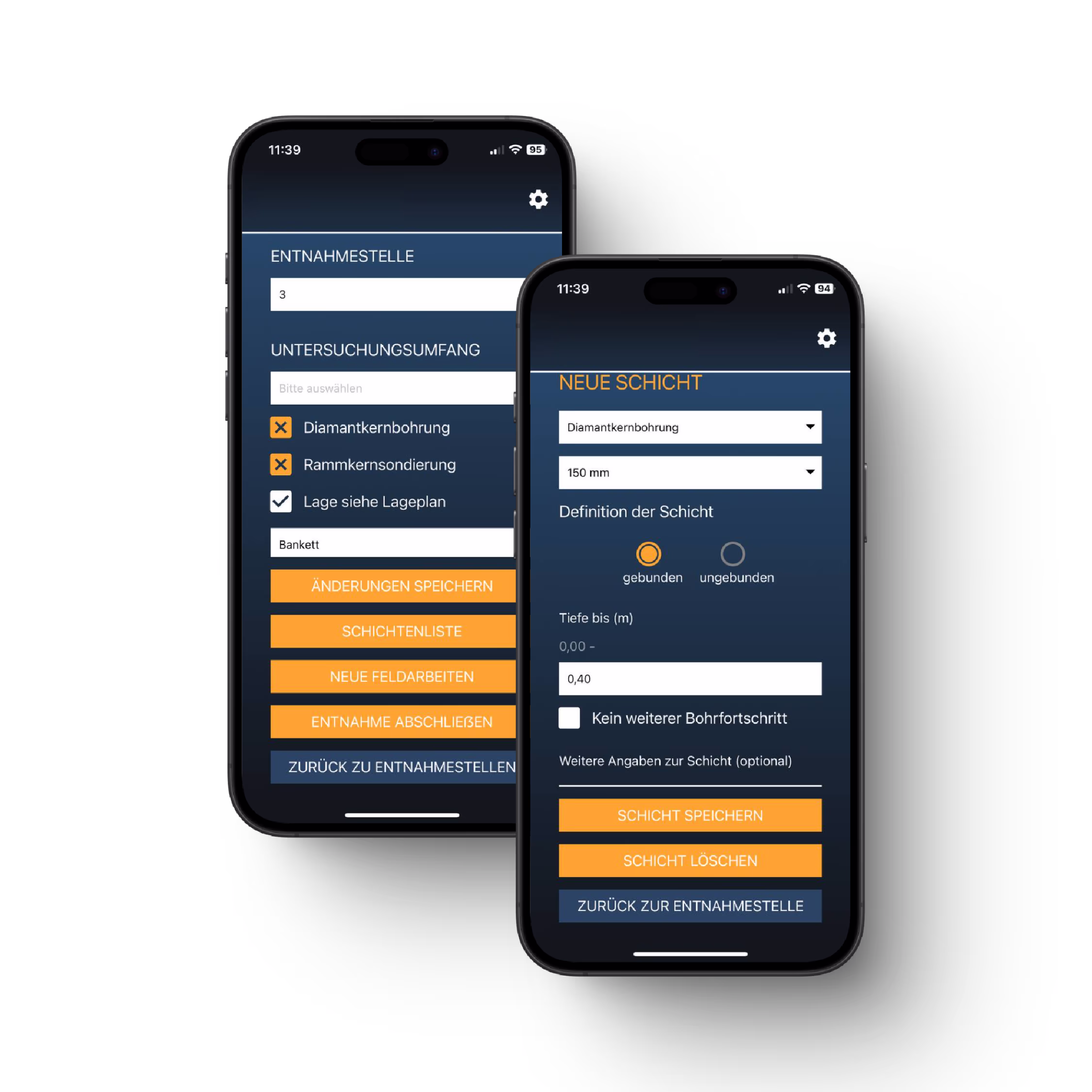 Zwei Ansichten der mobilen Anwendung für die Erfassung von Entnahmestellen und Schichten.