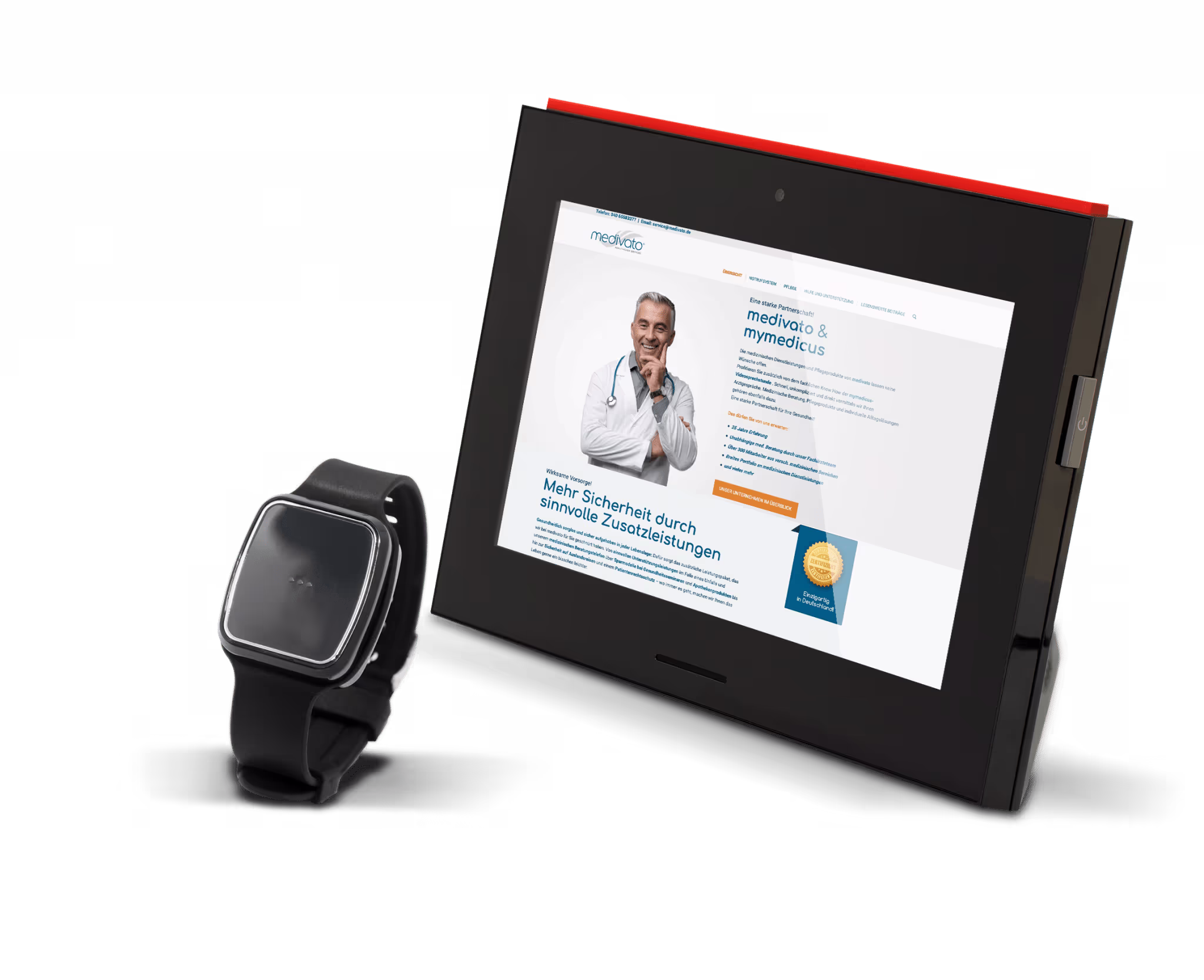 Medivato-Anwendung auf einem Tablet neben einer Smartwatch.
